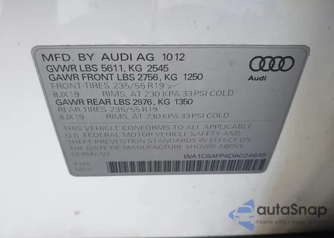 2013 Audi Q5 Hybrid 2.0T Prestige из США, поврежденный, VIN WA1C8AFP4DA024649